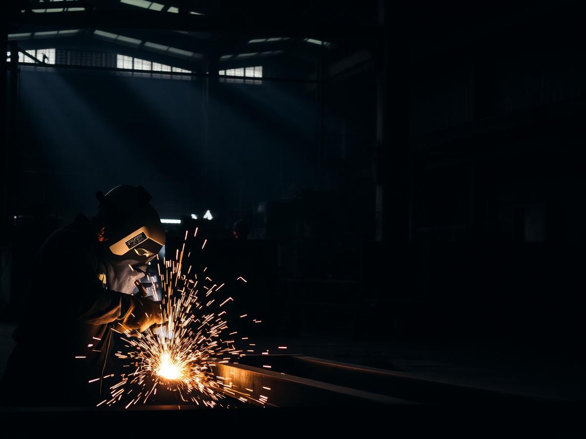 Welder fabricating steel sections inside the R.K. Steel workshop